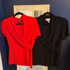 DKNY Women's Red and Black V-Neck Surplice Ruched Blouses, New, Sz. M
